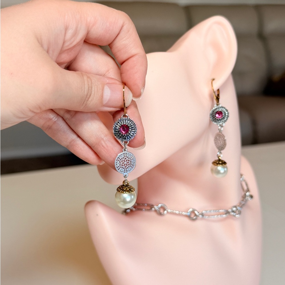 Pearl Drop Dangle Earrings with Pink Crystal Accent - Picture 6 of 9